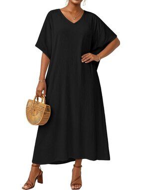 Women's Black Plus Size V Neck Caftan Long Batwing Sleeve Swimsuit Cover Up